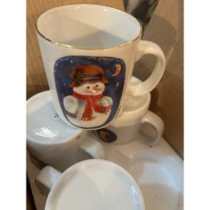 4 Elaine Thompson Vintage 1997 Snowman Christmas Mug Cups Ceramic w/ Gold Trim